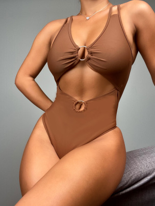 Cross Sling Backless Hollow Wrap Chest Solid Color One-piece Swimsuit NSCMB134341