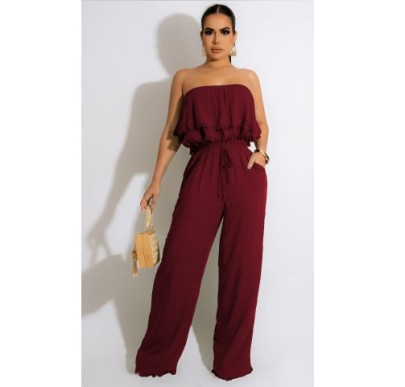 Sleeveless Ruffle Tube Top Waist Wide-leg Solid Color Jumpsuit NSTRS134256