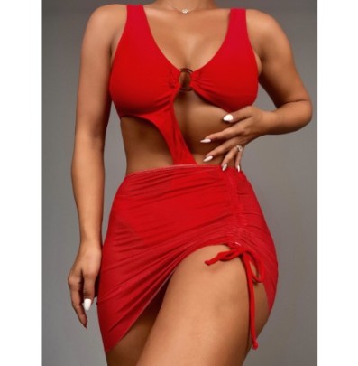Hollow Sling High Waist Drawstring Backless Solid Color One-piece Swimsuit Two-piece Set NSCMB134344
