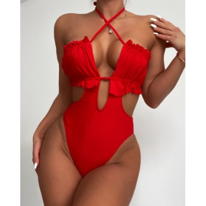 Fungus Edge Hanging Neck Backless Wrap Chest Solid Color One-piece Swimsuit NSCMB134332