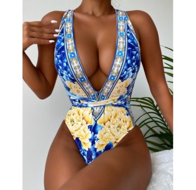 Deep V Sling Backless Wrap Chest Flower Print One-Piece Swimsuit NSCMB134331
