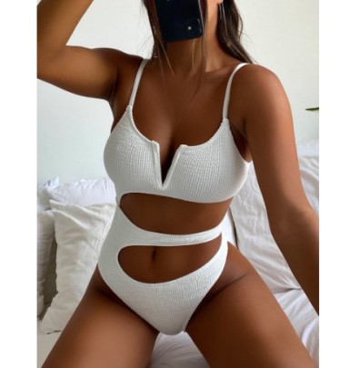 Hollow V-neck Backless Solid Color One-piece Swimsuit NSCMB134330