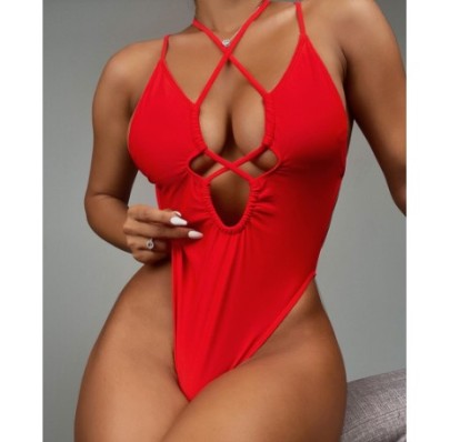 Hanging Neck Sling Backless Wrap Chest Solid Color One-Piece Swimsuit NSCMB134327