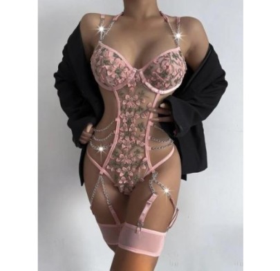 Embroidery Hanging Neck Sling Chain Wrap Chest Solid Color See-through One-piece Underwear NSMDN134236