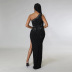 sloping shoulder high slit hot drill sleeveless slim backless solid color prom dress NSCYF134349