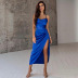 cross sling backless low-cut slit slim solid color dress NSHTL134371