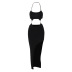 hollow slit slim hanging neck backless solid color dress NSHTL134384