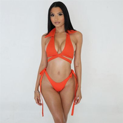 Lapel Wrap Chest Backless Lace-up Solid Color Bikini Two-piece Set NSCOK134438