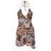 hanging neck backless low-cut ruffle slim leopard print vest and skirt set NSLGF134507