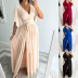 trumpet sleeve V-neck mopping slit high waist lace-up solid color dress NSYF134544