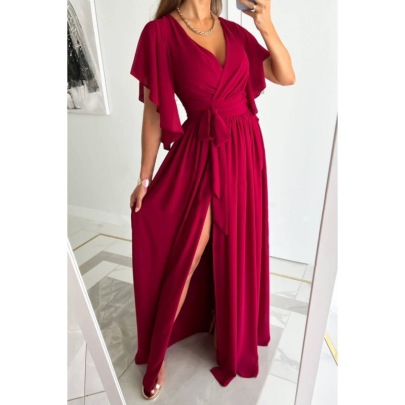 Trumpet Sleeve V-neck Mopping Slit High Waist Lace-up Solid Color Dress NSYF134544