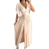 trumpet sleeve V-neck mopping slit high waist lace-up solid color dress NSYF134544
