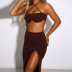 hanging neck backless high waist slit solid color vest and skirt set NSRUI134574