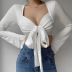 long sleeve wrap chest lace-up slim short solid color top NSAFS134586