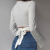 long sleeve wrap chest lace-up slim short solid color top NSAFS134586