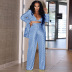 long sleeve hanging neck wrap chest loose high waist solid color top and pant three-piece set NSAFS134590
