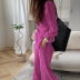 button solid color long sleeve lapel kinked loose shirt and pant set NSAFS134593