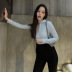 zipper solid color long sleeve slim stand collar jumpsuit NSAFS134596