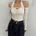 solid color lace-up halter neck long-sleeved crop top NSSWF135600