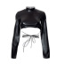round neck button PU leather long-sleeved straps backless crop top NSSWF135606