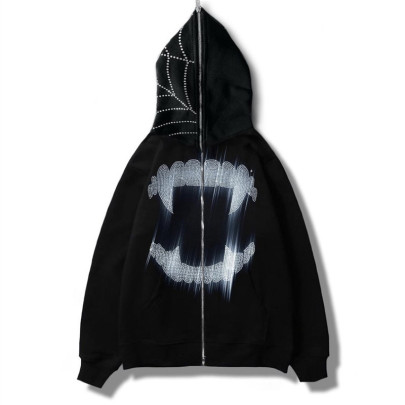 Retro Gothic Style Printing Plus Velvet Loose Hooded Jacket NSYKD135623
