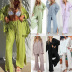 Conjunto de pijama de dos piezas con pantalones de hendidura de cárdigan de solapa de manga larga plisada de color sólido NSYDL135646