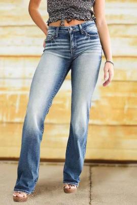 Mid-waist Micro-elasticity Bootcut Washed Jeans NSJRM135678