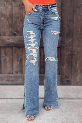 Washed Ripped Micro-elasticity Mid-waist Bootcut Jeans NSJRM135682