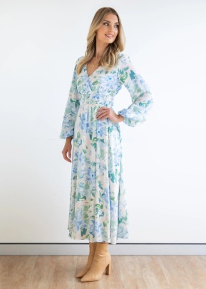 V-neck Long-sleeved Elastic Floral Printing Dress NSJRM135684