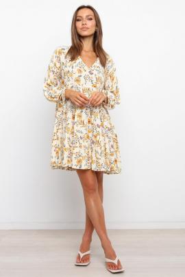 Long-sleeved Lace-up V-neck Floral Printed Dress NSJRM135698