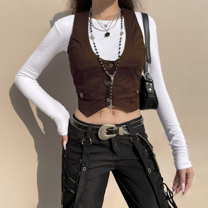 Solid Color Layered With Slim Single-breasted Crop Waistcoat NSGXF135719