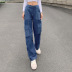 retro high waist contrast color stitching multi-pocket loose jeans NSGXF135720