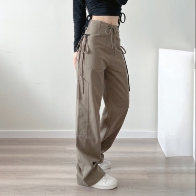 Solid Color Side Tie Drawstring Straight Pants NSXDX135742