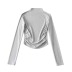 turtleneck long sleeves curved hem pleated solid color slim fit crop top NSXDX135753