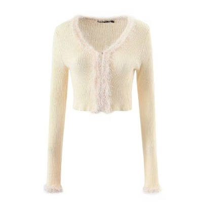 V-neck Long-sleeved Dark-buttoned Fur-edge Stitching Slim-fit Crop Knitted Top NSXDX135754