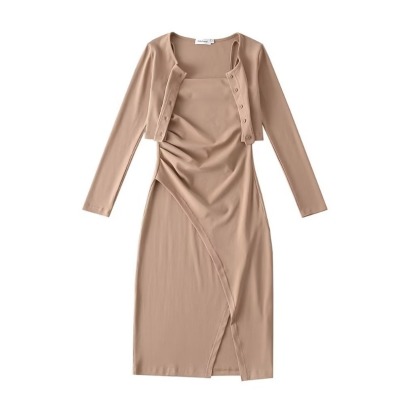 Solid Color Single-breasted Long-sleeved Cardigan Coat Slit Slip Dress Set NSXDX135756