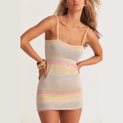Striped Print Knitted Slip Sheath Dress NSXDX135761