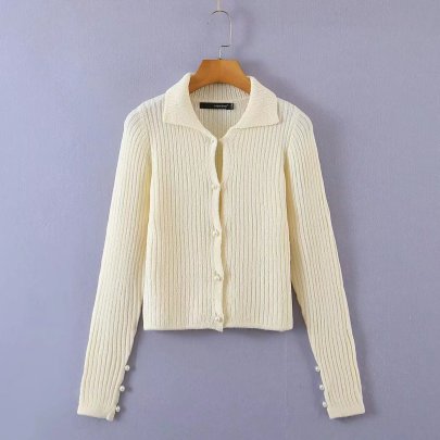 Solid Color Pearl Button Lapel Knitted Cardigan NSAM135766
