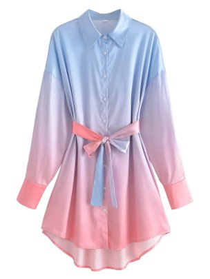 Gradient Color Lapel Loose Belt Long-sleeved Shirt Dress NSAM135776
