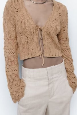 Solid Color V-neck Long Sleeve Hollow Bow Knitted Cardigan NSAM135780