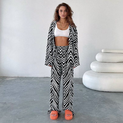 Print Zebra Pattern Trousers And Long Sleeve Shirt Two-piece Set NSSQS135794