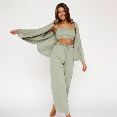 Solid Color Knitted Camisole Shirt And Trousers Three-piece Lounge Set NSSQS135805