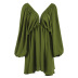solid color satin deep v-neck waist wrinkle A-line dress NSSQS135811