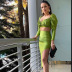 solid color puff sleeves pleated crop top slit sheath skirt set NSSFN135824