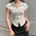 Solid color lapel pocket breasted slim fit short-sleeved top NSGXF135841