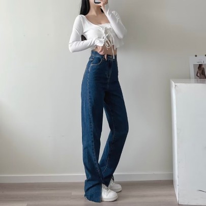 High-waisted Slit Straight-leg Full-length Jeans NSXDX135896