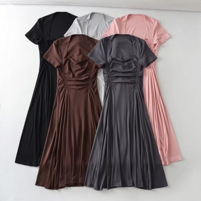 Pleated High Waist Mid Length Square Neck Short Sleeve Large Skirt Dress  NSXDX135903