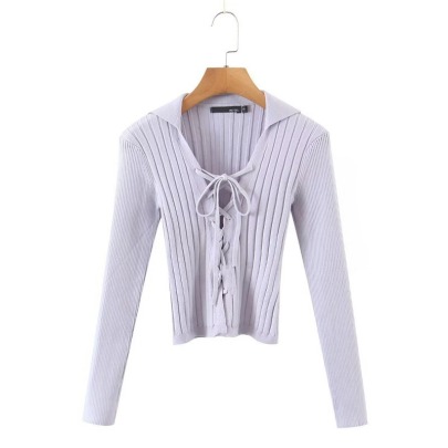 Solid Color Lapel Tie Rope Tie Long-sleeved Knitted Cardigan NSXDX135905