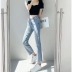 Solid color high waist leather label decor cropped jeans NSXDX135909