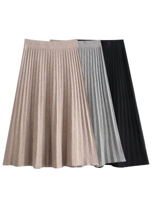 Solid Color Pleated Elastic Waist A-line Skirt NSAM135926